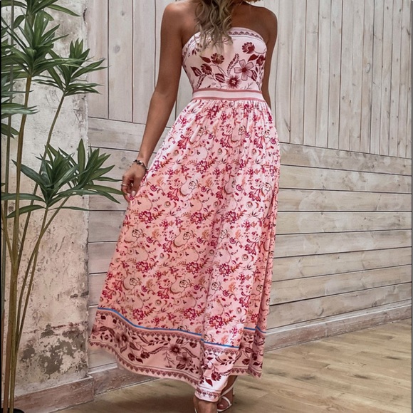 Boho Pink Floral Print Tube Maxi Dress - Picture 4 of 11